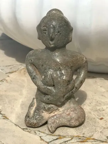 Antique Glazed Clay Seated Woman   Baby Tribal Fertility Figurine Artifact Relic