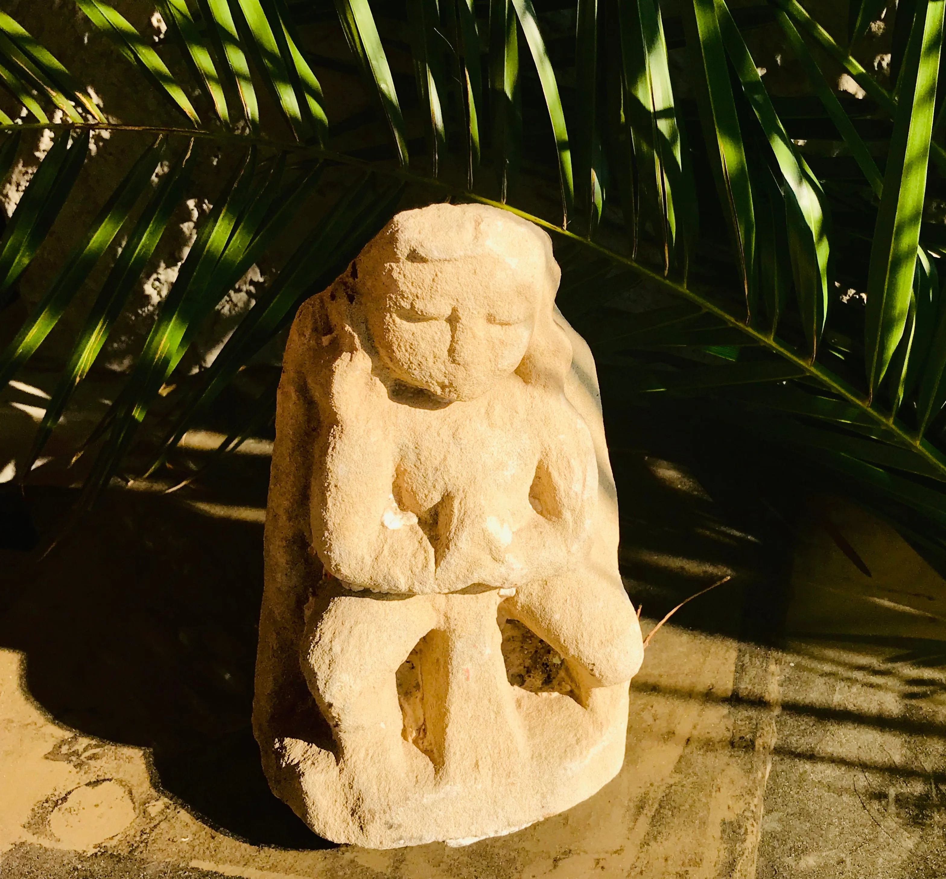 Antique Stone Carved Spiritual Relic Burmese Myanmar Devotee Praying Monk Statue