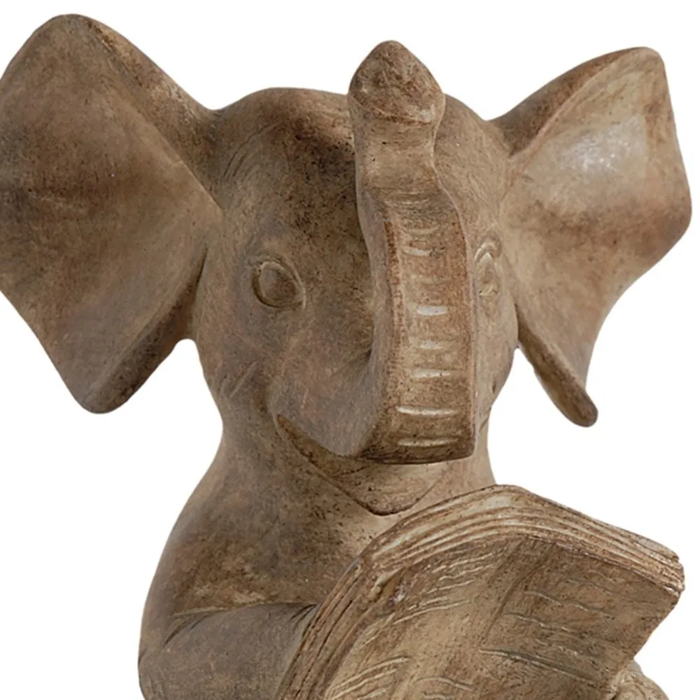 Ari Set of 2 Bookends, Reading Elephant Statuettes, Classic, Brown Resin By Casagear Home