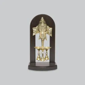 Brass Ganesha Deepak with Bells on Wooden Frame 12 in