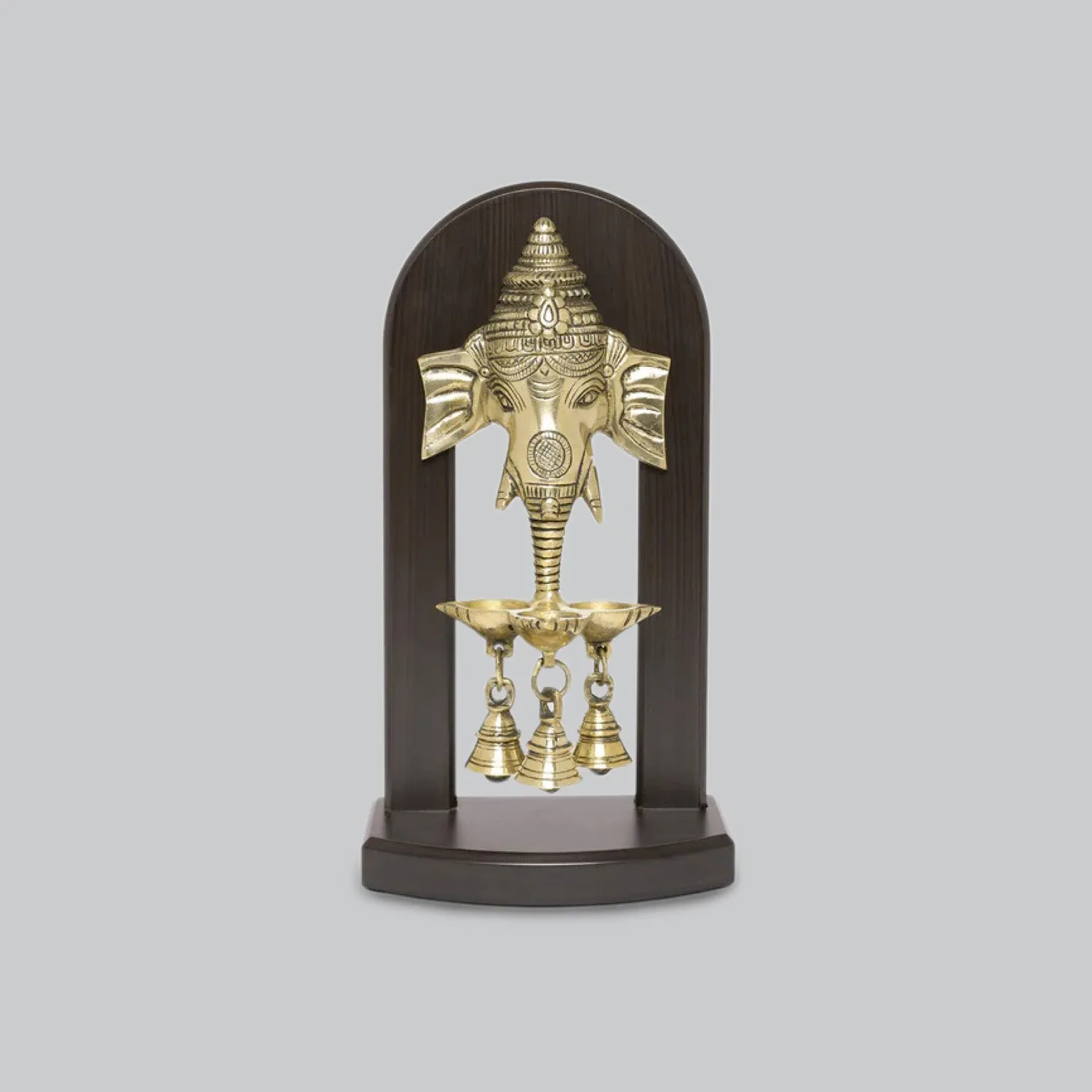 Brass Ganesha Deepak with Bells on Wooden Frame 12 in