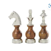 BROWN ALUMINUM CHESS KING, KNIGHT, BISHOP SCULPTURE WITH WOOD BELLIES, SET OF