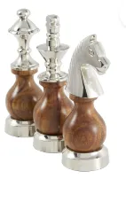 BROWN ALUMINUM CHESS KING, KNIGHT, BISHOP SCULPTURE WITH WOOD BELLIES, SET OF