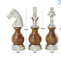 BROWN ALUMINUM CHESS KING, KNIGHT, BISHOP SCULPTURE WITH WOOD BELLIES, SET OF