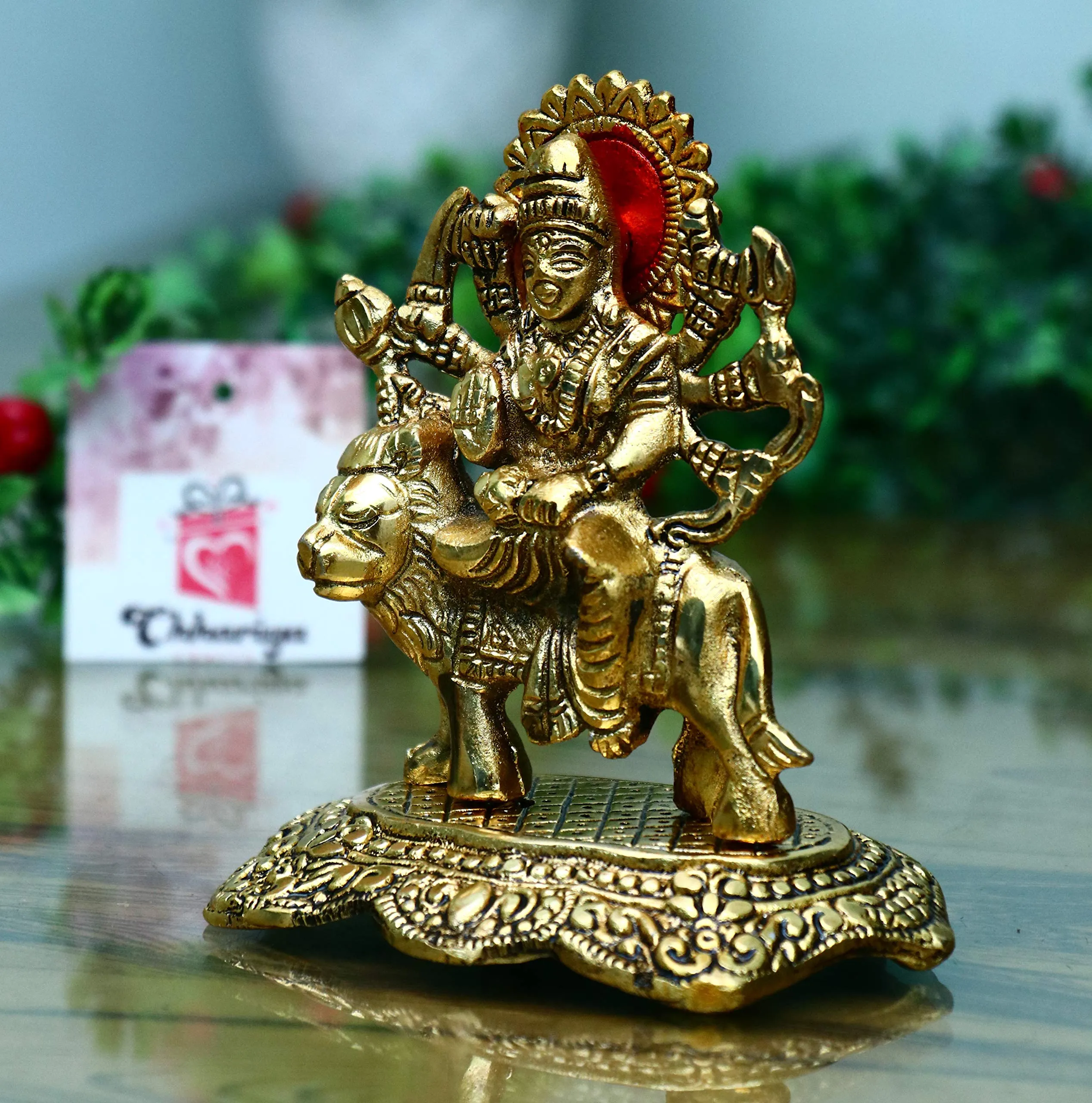 Chhariya Crafts Metal Durga Maa Murti for Pooja Room MATA Rani for Home and Office Sherawali Maa Temple Deocrative Showpieces (14 cm)