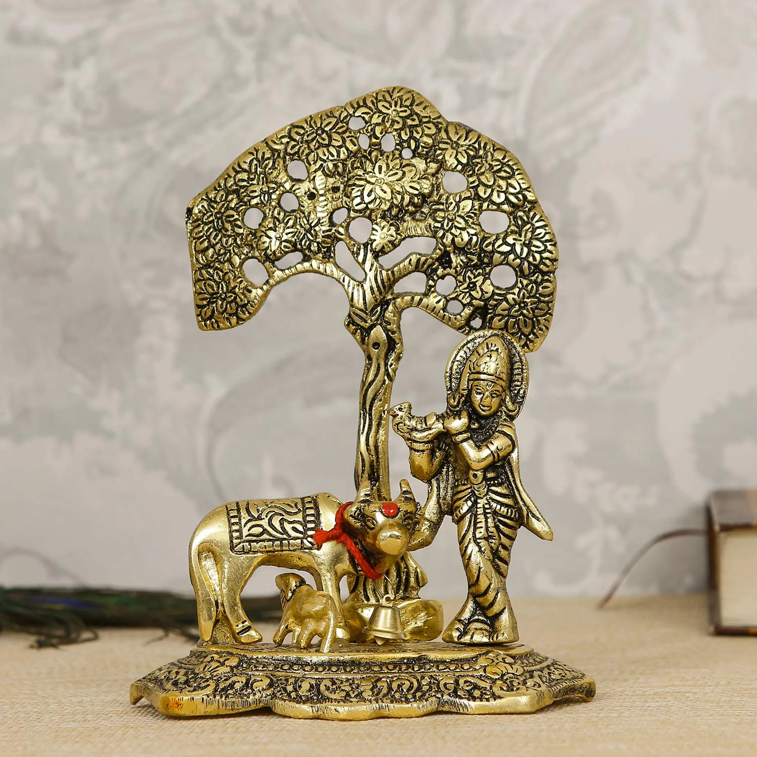 eCraftIndia Lord Krishna Playing Flute Under Tree with Golden Cow and Calf Showpiece