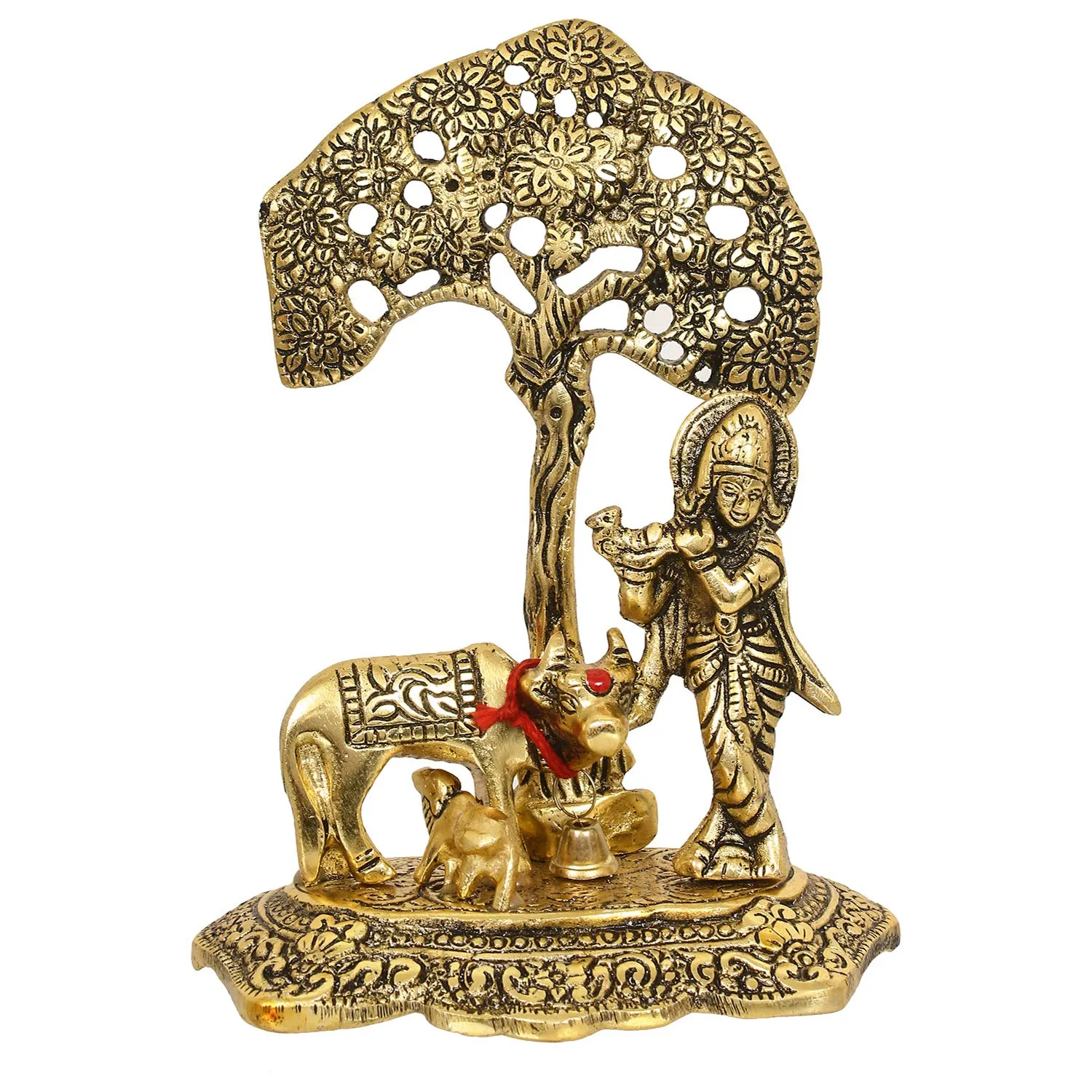 eCraftIndia Lord Krishna Playing Flute Under Tree with Golden Cow and Calf Showpiece