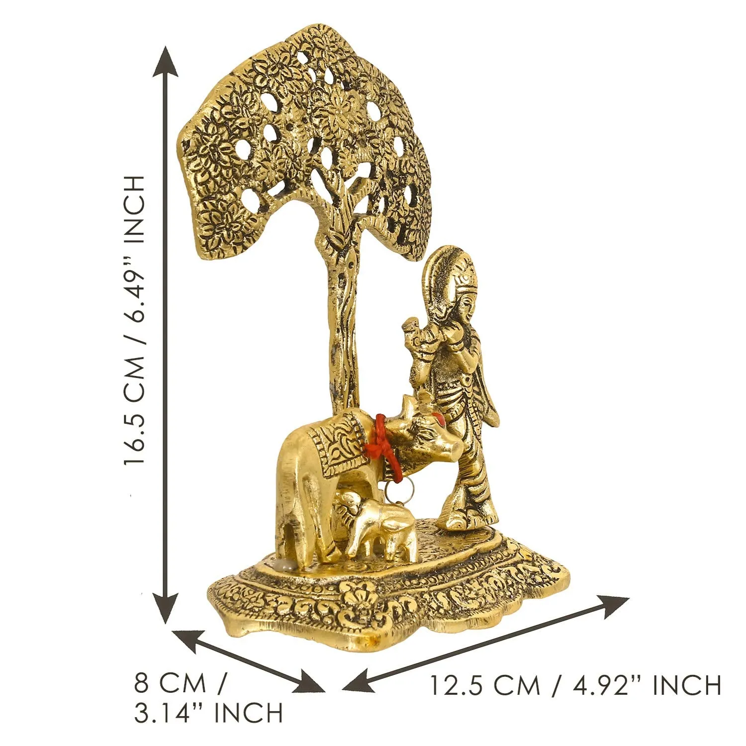 eCraftIndia Lord Krishna Playing Flute Under Tree with Golden Cow and Calf Showpiece