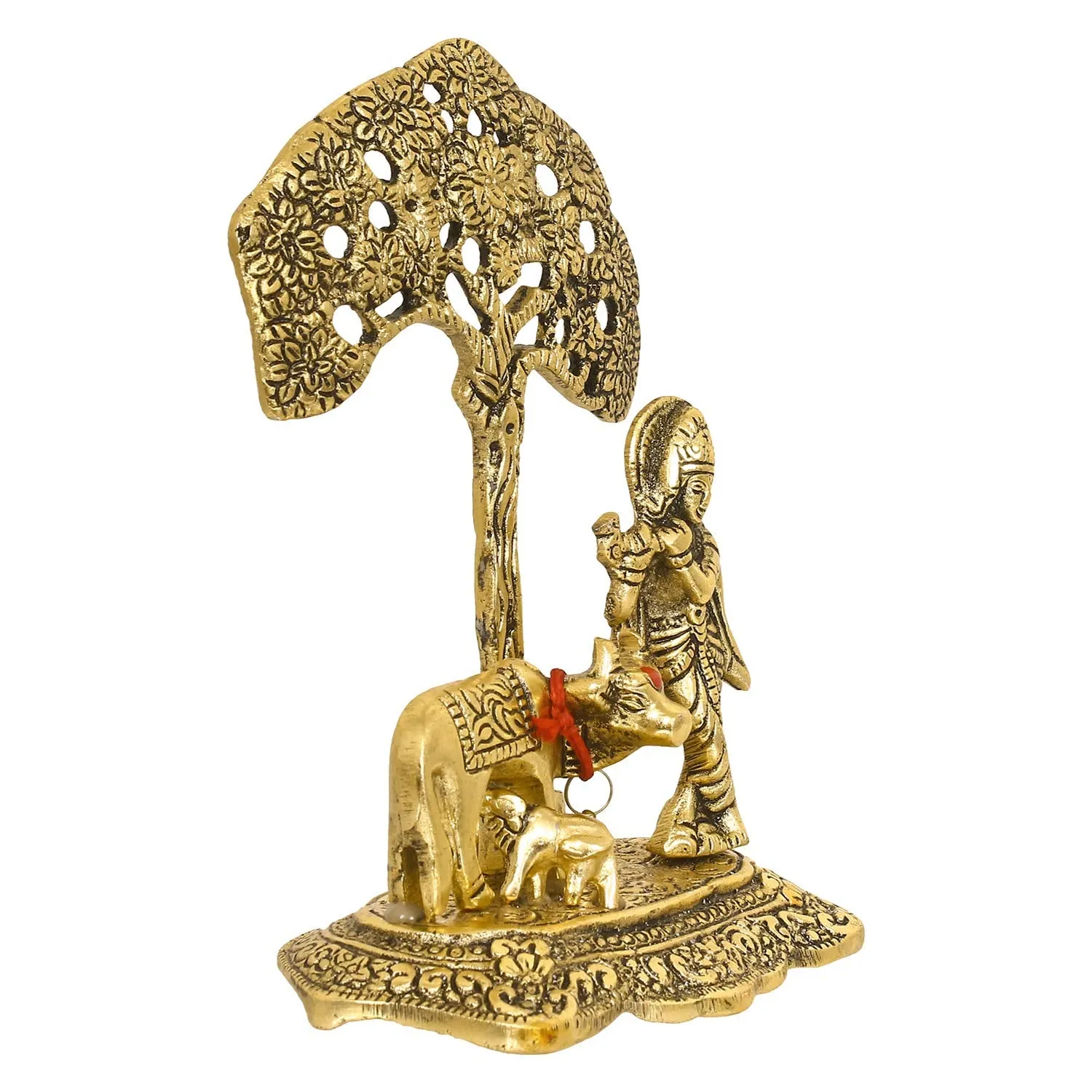 eCraftIndia Lord Krishna Playing Flute Under Tree with Golden Cow and Calf Showpiece