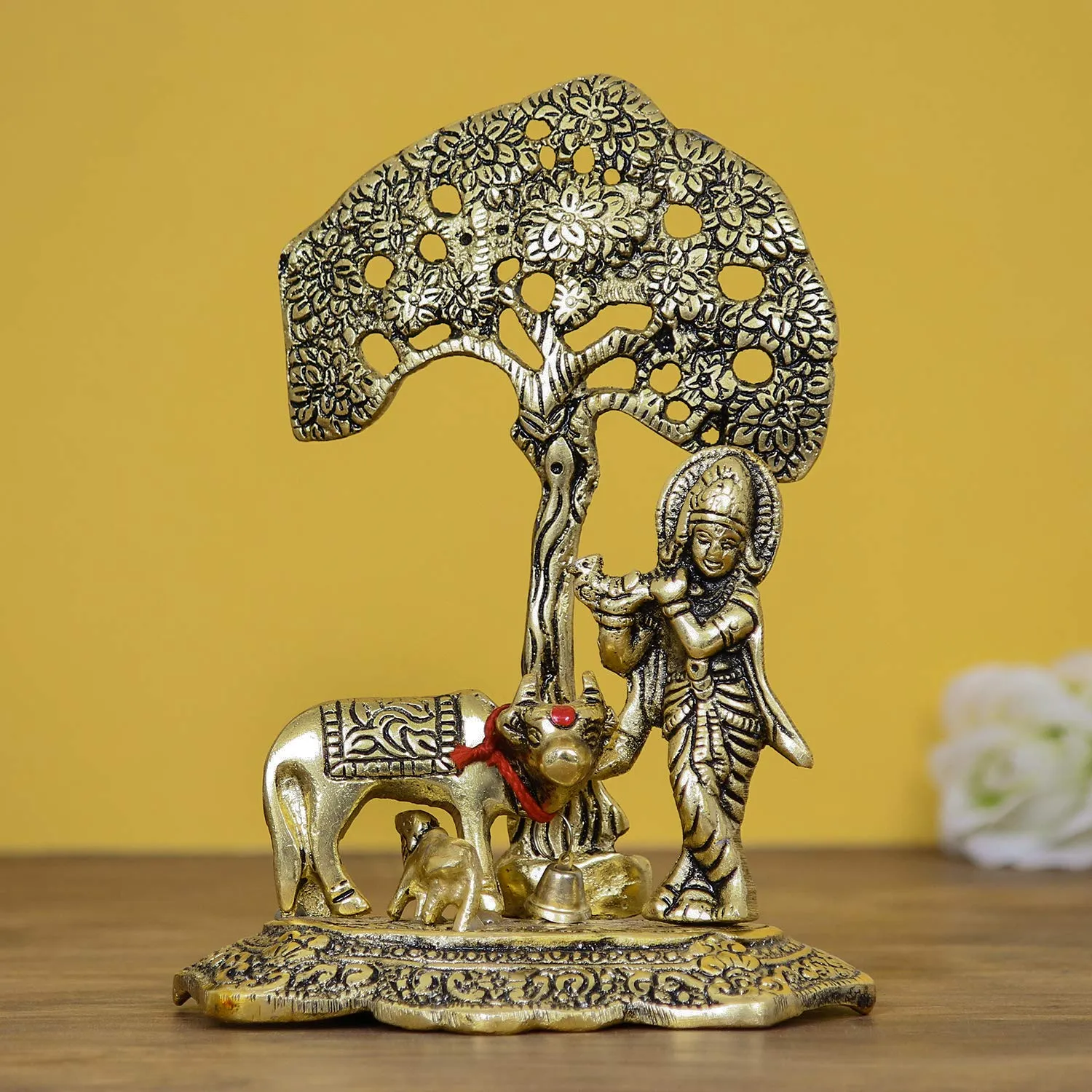 eCraftIndia Lord Krishna Playing Flute Under Tree with Golden Cow and Calf Showpiece