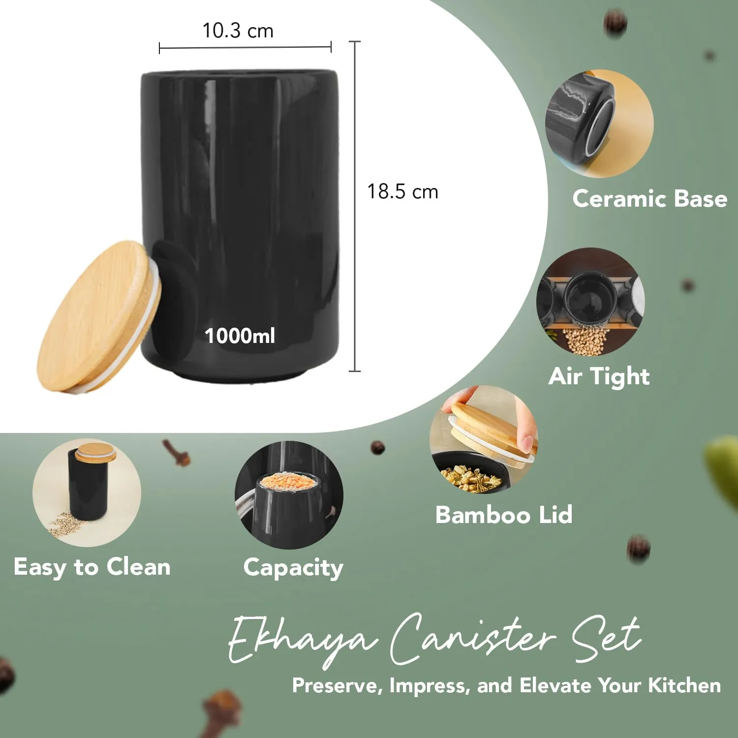 Ekhasa Ceramic Jar with Bamboo Lid for Multipurpose Kitchen Storage (1000 ml, Black) | Airtight Container Jar for Kitchen | Tea, Coffee, Sugar, Snacks, Salt Container | Pickle Storage Barni