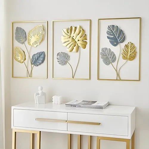 ELLEHOMES Metal Wall Art Decor | Maple Leaf Wall Decor | Wall Hangings for Home Decoration Iron | Wall Art Metal for Living Room | Bedroom | Drawing room | Golden Metal Wall Decor | Set of 3