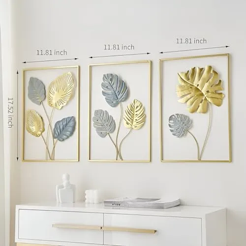 ELLEHOMES Metal Wall Art Decor | Maple Leaf Wall Decor | Wall Hangings for Home Decoration Iron | Wall Art Metal for Living Room | Bedroom | Drawing room | Golden Metal Wall Decor | Set of 3