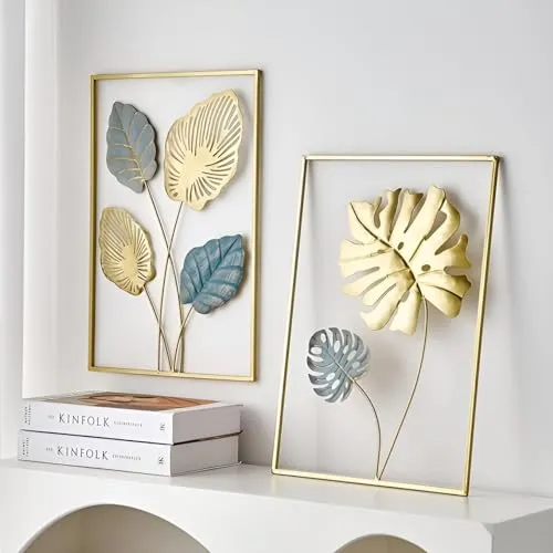 ELLEHOMES Metal Wall Art Decor | Maple Leaf Wall Decor | Wall Hangings for Home Decoration Iron | Wall Art Metal for Living Room | Bedroom | Drawing room | Golden Metal Wall Decor | Set of 3