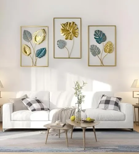 ELLEHOMES Metal Wall Art Decor | Maple Leaf Wall Decor | Wall Hangings for Home Decoration Iron | Wall Art Metal for Living Room | Bedroom | Drawing room | Golden Metal Wall Decor | Set of 3