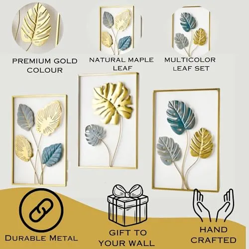 ELLEHOMES Metal Wall Art Decor | Maple Leaf Wall Decor | Wall Hangings for Home Decoration Iron | Wall Art Metal for Living Room | Bedroom | Drawing room | Golden Metal Wall Decor | Set of 3