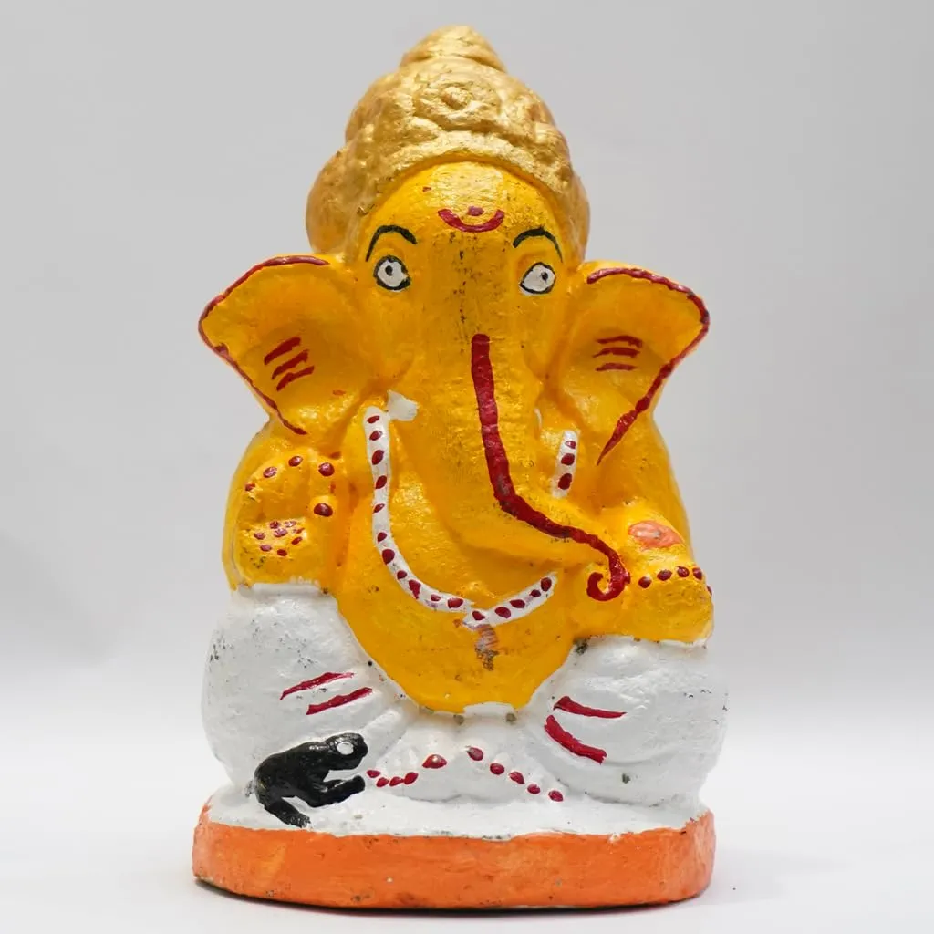 GAUSAKHI Handcrafted Eco-Friendly Cow Dung Made Biodegradable Ganesha Murti | Yellow White Ganesh Idol for Home Decor | Pooja Room Ganesh Chaturthi Visarjan (5 Inches)