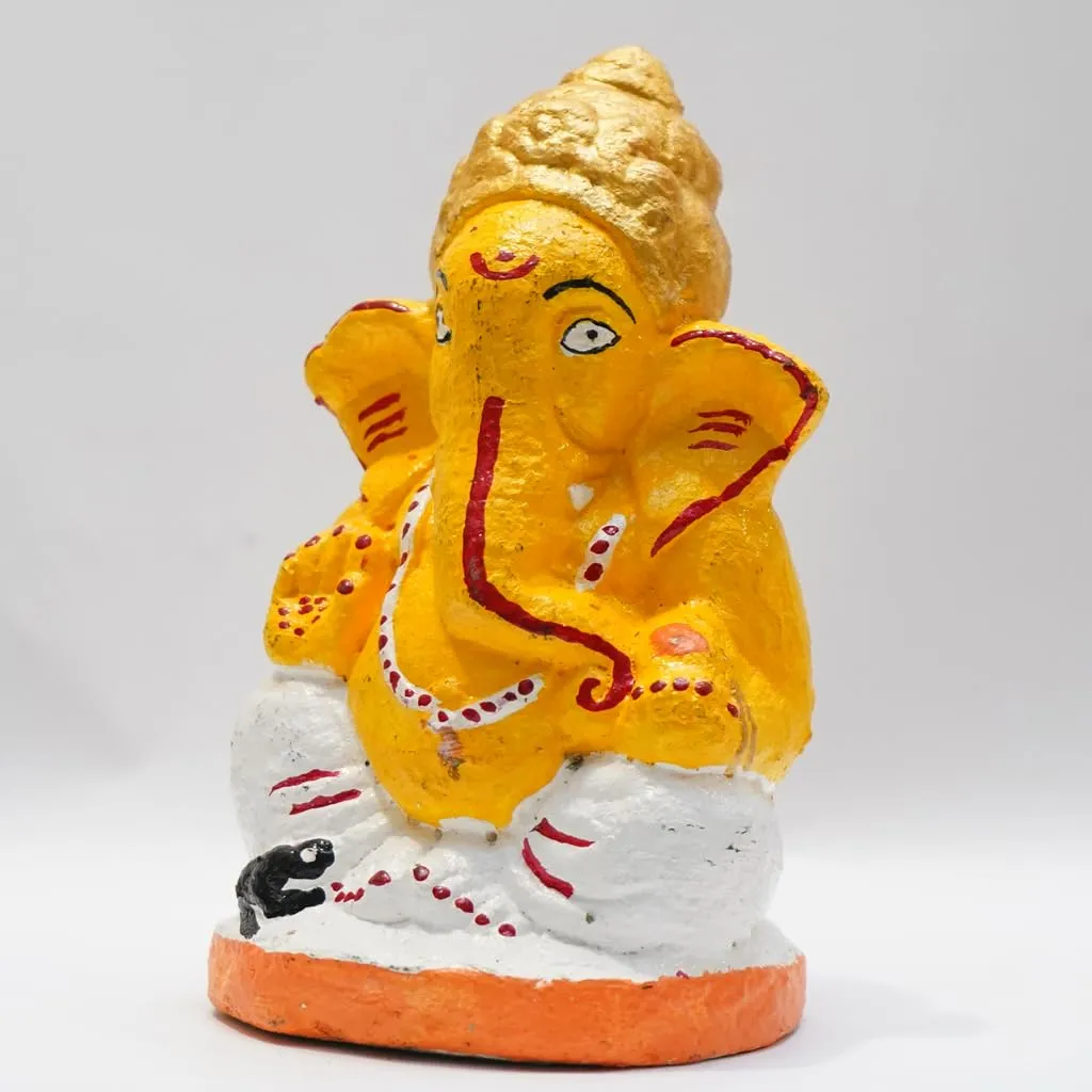 GAUSAKHI Handcrafted Eco-Friendly Cow Dung Made Biodegradable Ganesha Murti | Yellow White Ganesh Idol for Home Decor | Pooja Room Ganesh Chaturthi Visarjan (5 Inches)