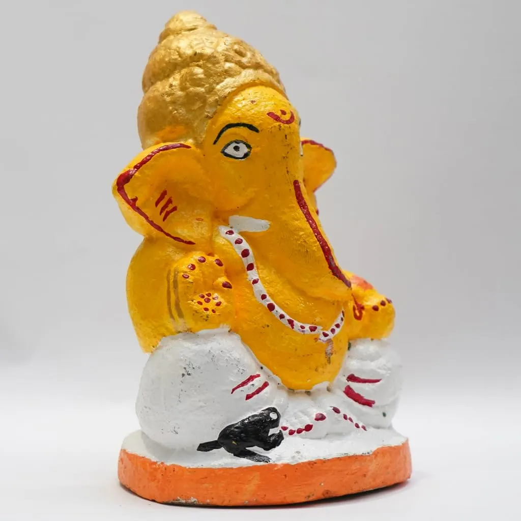 GAUSAKHI Handcrafted Eco-Friendly Cow Dung Made Biodegradable Ganesha Murti | Yellow White Ganesh Idol for Home Decor | Pooja Room Ganesh Chaturthi Visarjan (5 Inches)