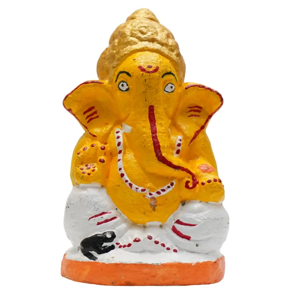 GAUSAKHI Handcrafted Eco-Friendly Cow Dung Made Biodegradable Ganesha Murti | Yellow White Ganesh Idol for Home Decor | Pooja Room Ganesh Chaturthi Visarjan (5 Inches)