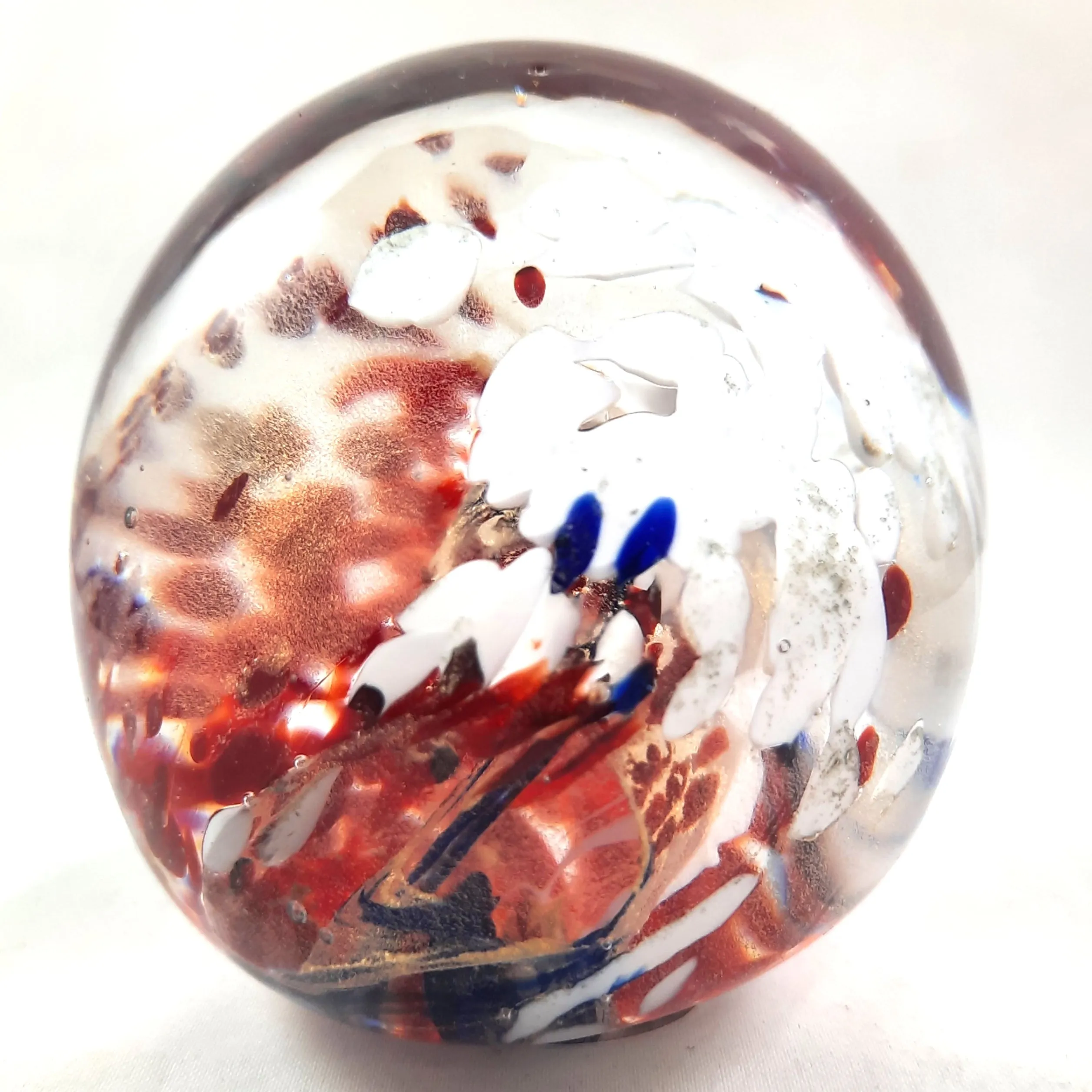 Handmade Art Glass Easter Egg Paperweight, Red White Blue with Gold Mica, Large