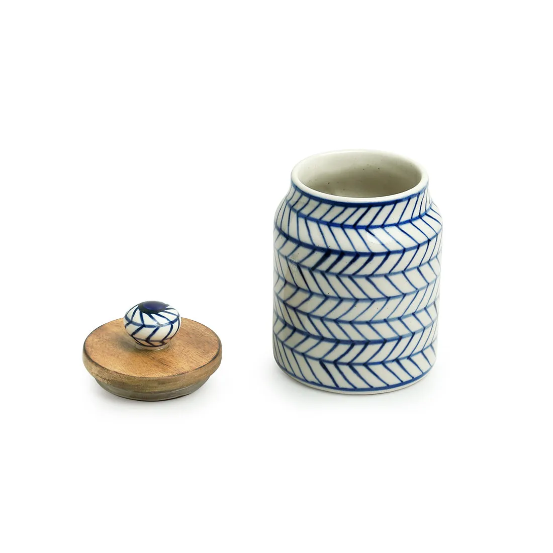 'Indigo Chevron' Handpainted Ceramic Multi-utility Storage Jar & Container (Airtight, 470 ML, Microwave Safe)