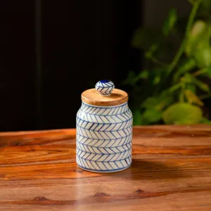 'Indigo Chevron' Handpainted Ceramic Multi-utility Storage Jar & Container (Airtight, 470 ML, Microwave Safe)