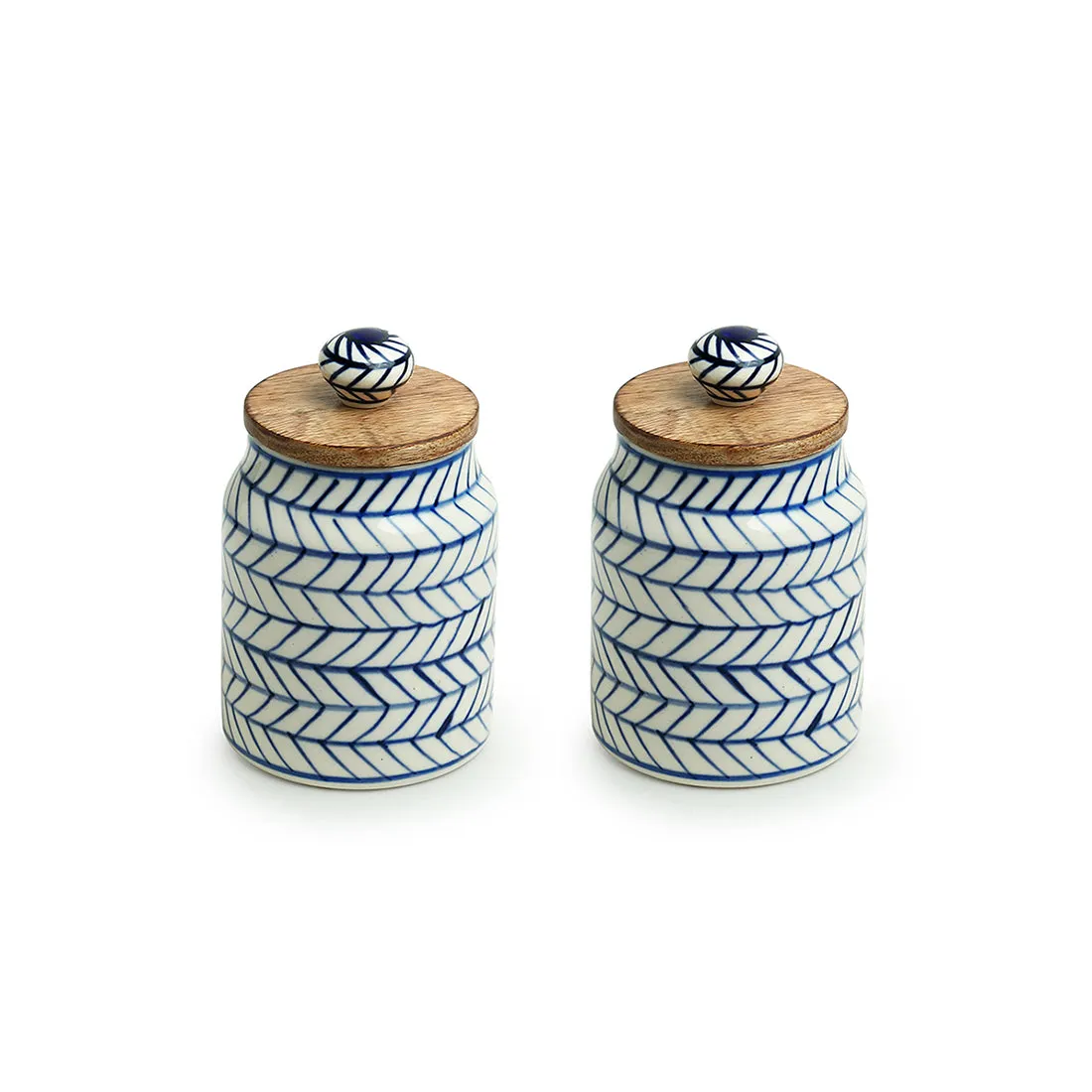 'Indigo Chevron' Handpainted Ceramic Multi-utility Storage Jars & Containers (Airtight, Set of 2, 470 ML, Microwave Safe)