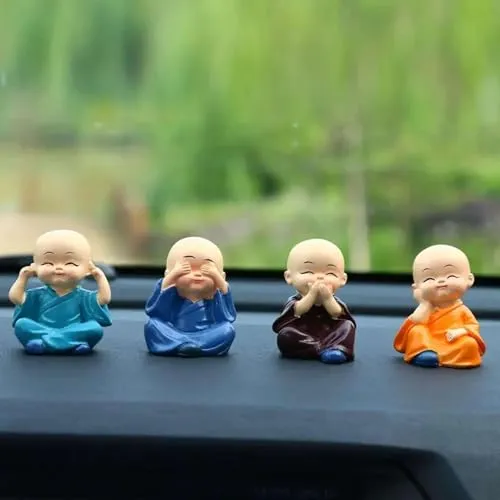 IRQA Japanese Polyresin Meditating Buddha Showpiece for Car Dashboard, Living Room, Table Top, Small, Multicolour, Set of 4 (Style_6