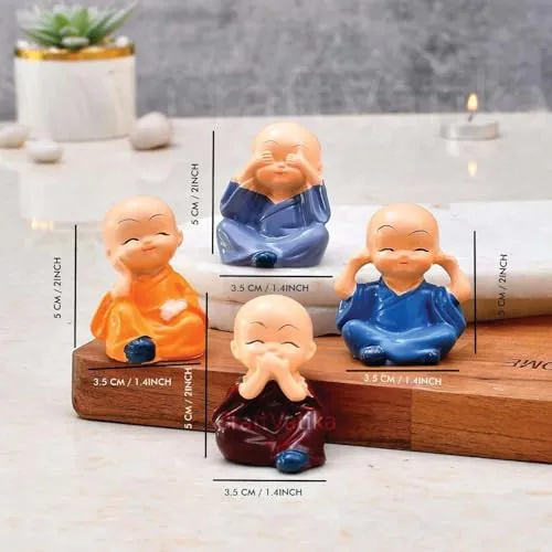 IRQA Japanese Polyresin Meditating Buddha Showpiece for Car Dashboard, Living Room, Table Top, Small, Multicolour, Set of 4 (Style_6