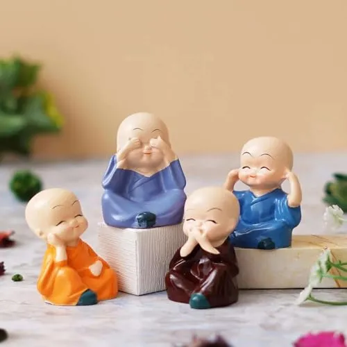 IRQA Japanese Polyresin Meditating Buddha Showpiece for Car Dashboard, Living Room, Table Top, Small, Multicolour, Set of 4 (Style_6