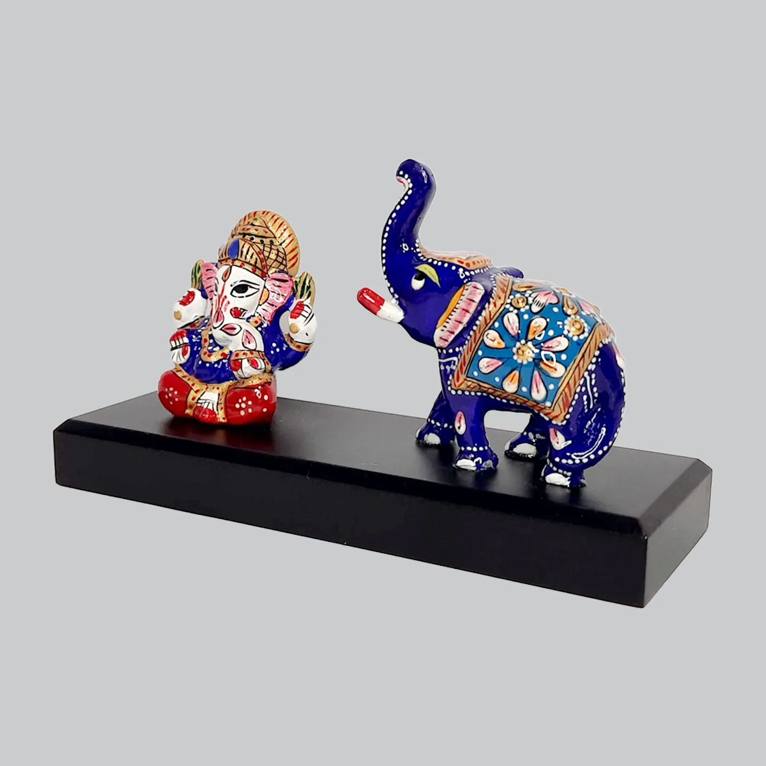 Metal Enamel Ganesha and Elephant on Wooden Base 6 in x 3.5 in