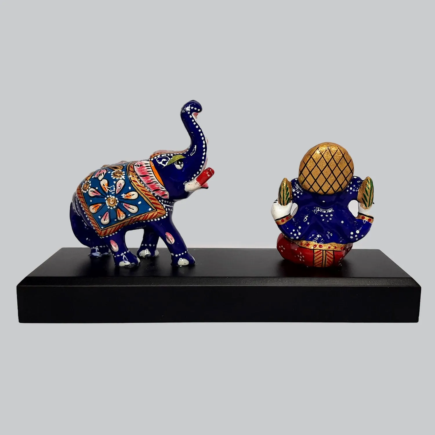 Metal Enamel Ganesha and Elephant on Wooden Base 6 in x 3.5 in