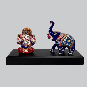 Metal Enamel Ganesha and Elephant on Wooden Base 6 in x 3.5 in