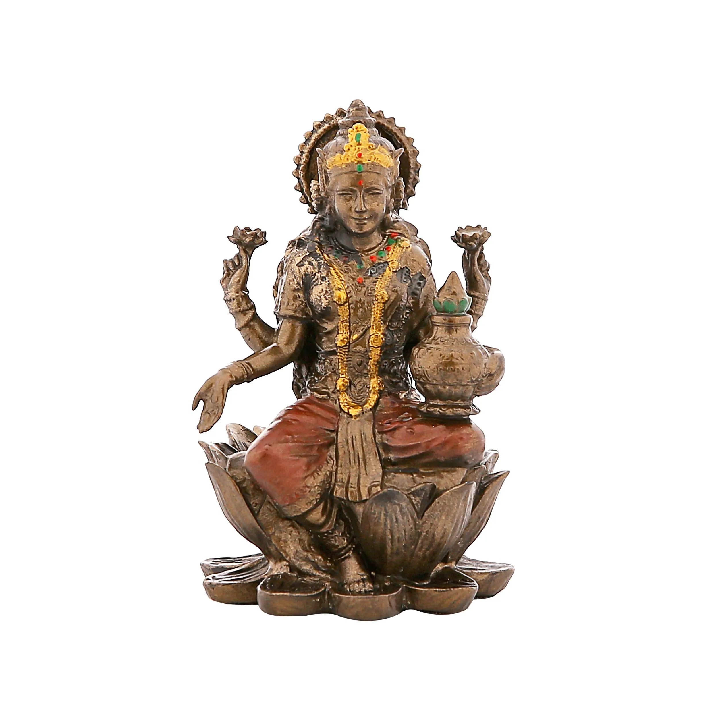 NM Poly Resin Laxmi On Lotus Idol Figurine Mini 9 CM Brown