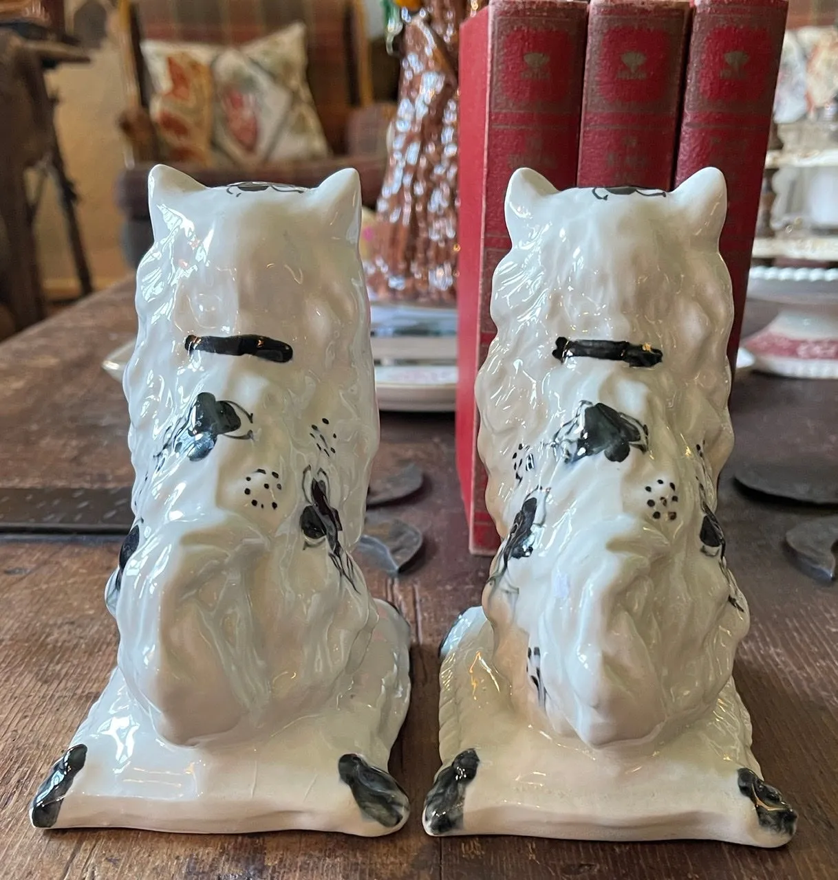 Pair Antique English Staffordshire Black Spotted White Cat Figurines on Pillow Base