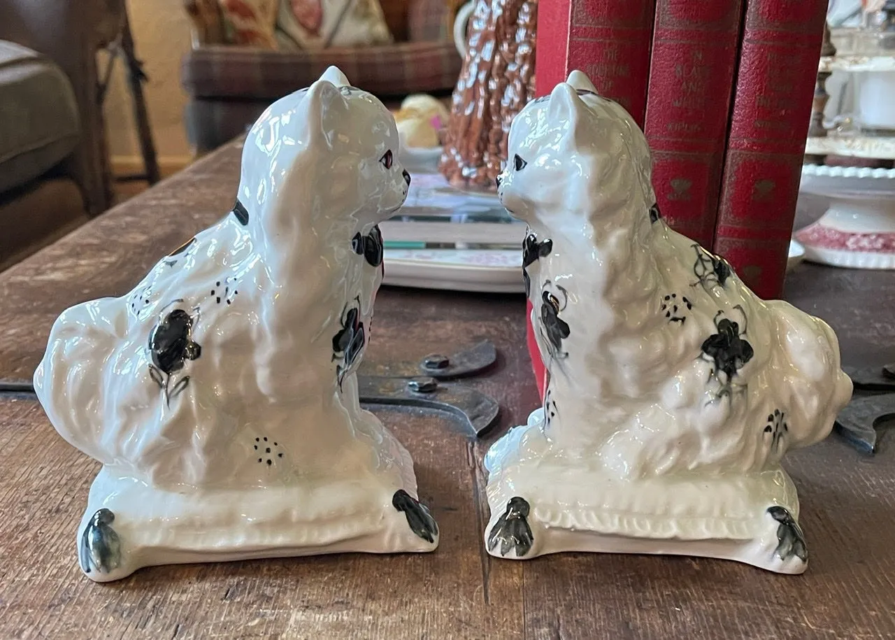 Pair Antique English Staffordshire Black Spotted White Cat Figurines on Pillow Base