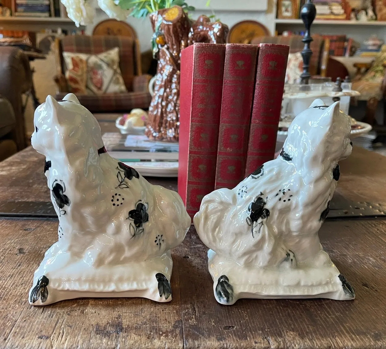 Pair Antique English Staffordshire Black Spotted White Cat Figurines on Pillow Base