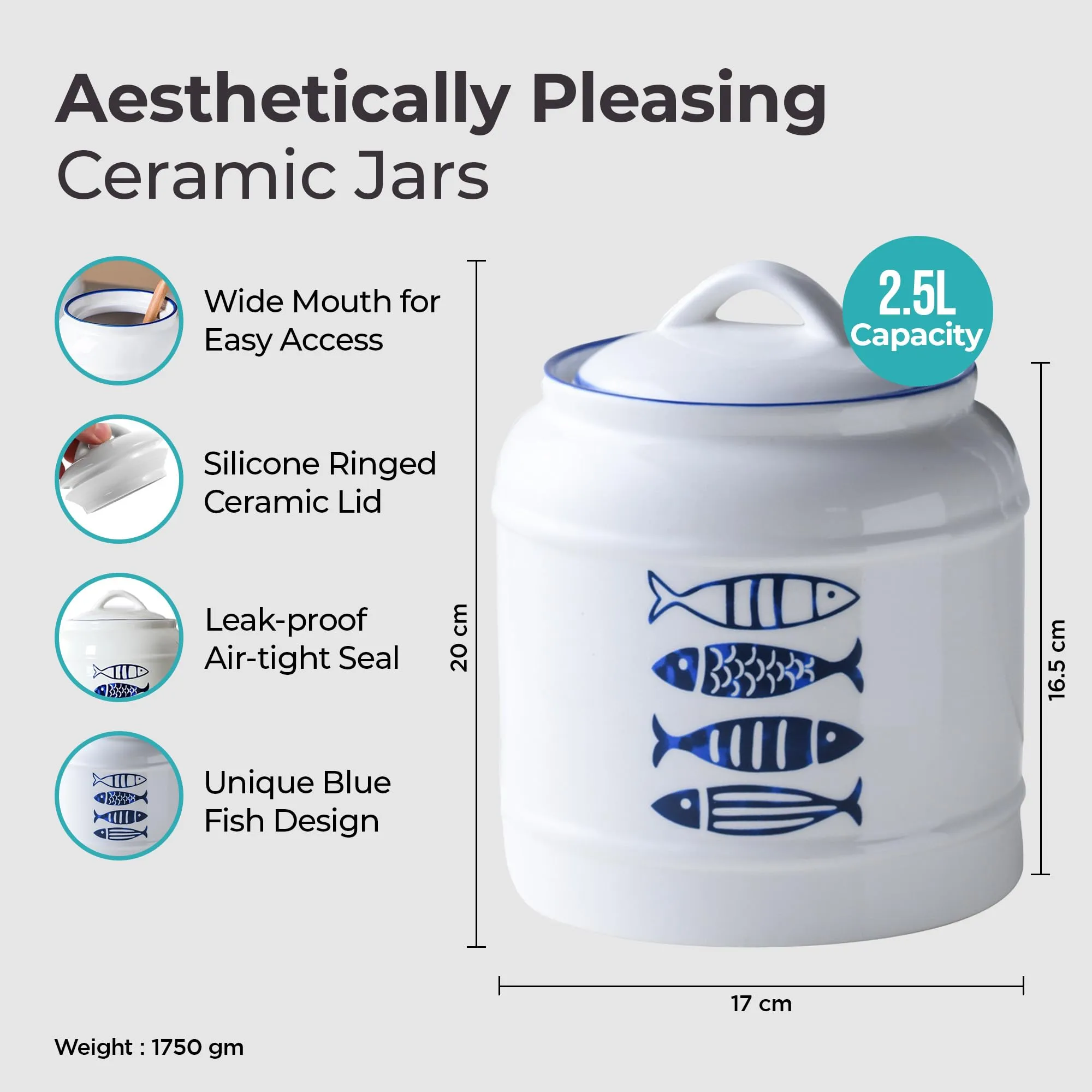 The Better Home Ceramic Jars for Kitchen Storage | 2.5 Litre Capacity | Printed Blue Fish Design | Multipurpose Kitchen Storage Jars for pickles, pulses, grains |