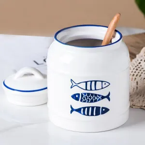 The Better Home Ceramic Jars for Kitchen Storage | 2.5 Litre Capacity | Printed Blue Fish Design | Multipurpose Kitchen Storage Jars for pickles, pulses, grains |