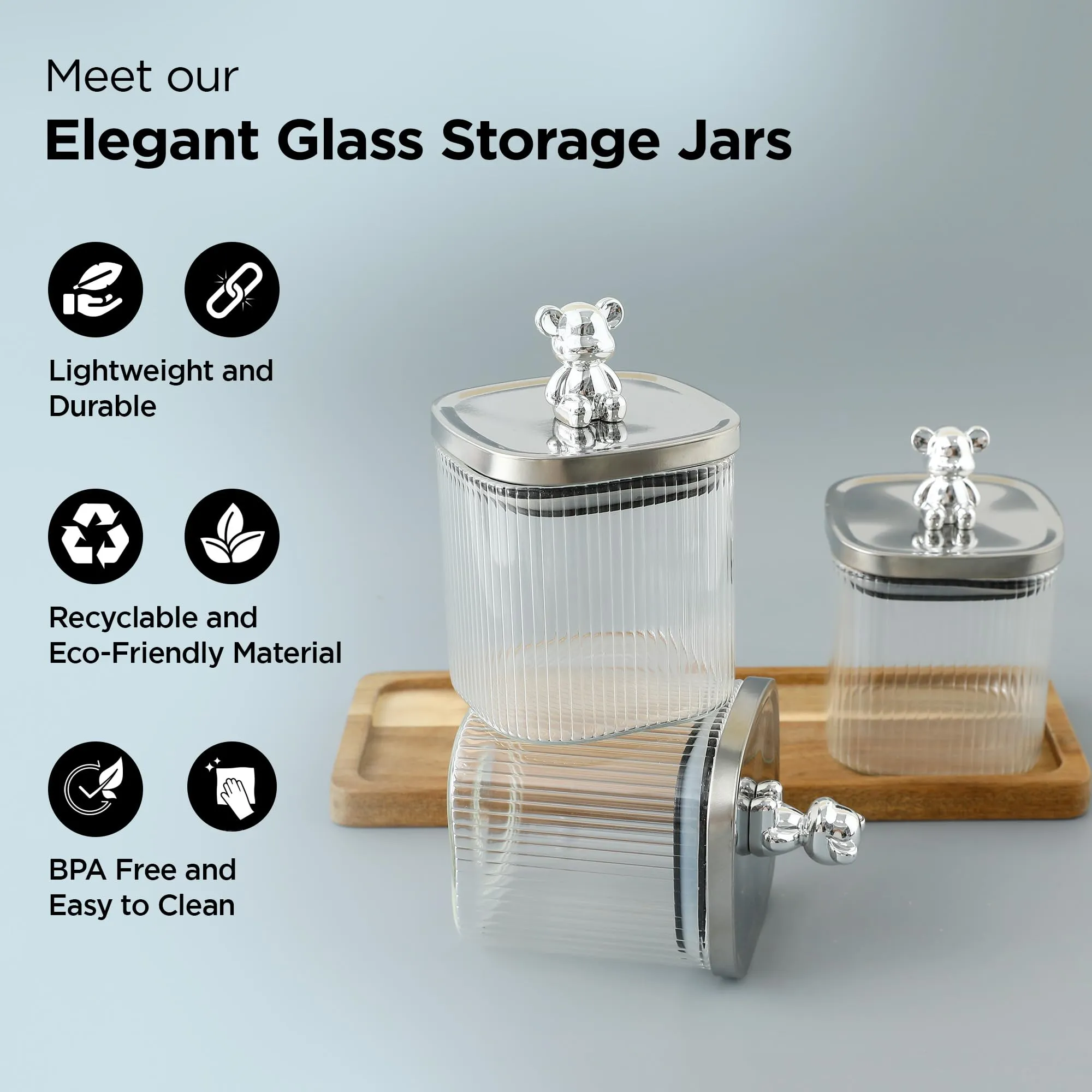 UMAI Borosilicate Glass Jars For Kitchen (Set of 3-350ml Each) Glass Container With Bamboo Tray and Teddy Lid |Air Tight Container For Storage |Dishwasher Safe Container For Kitchen Storage Set