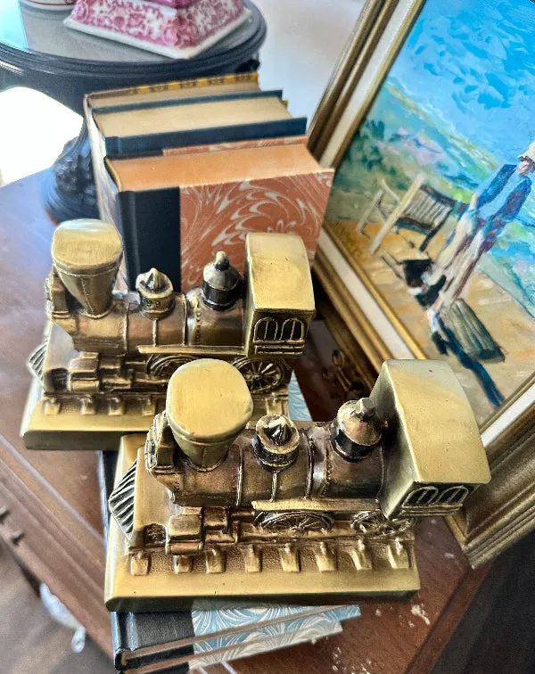 Vintage Bookends, Trains, Brass, Pair