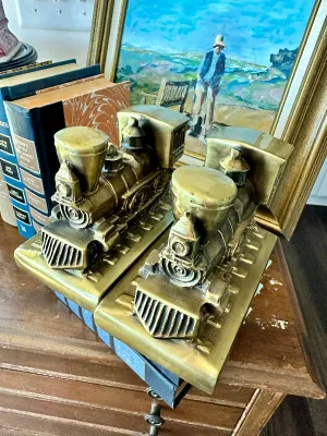 Vintage Bookends, Trains, Brass, Pair