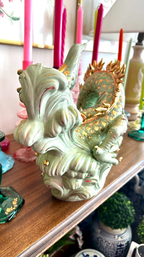 Vintage Dragon Figurine, Green with Gold Accents, Extra Large, Asian Chinoiserie, Glazed Ceramic