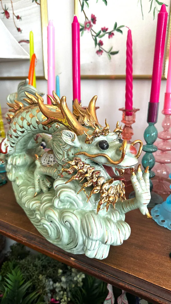 Vintage Dragon Figurine, Green with Gold Accents, Extra Large, Asian Chinoiserie, Glazed Ceramic