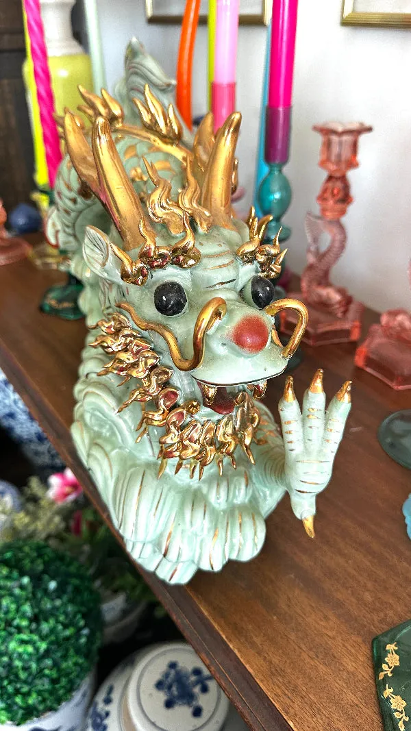 Vintage Dragon Figurine, Green with Gold Accents, Extra Large, Asian Chinoiserie, Glazed Ceramic