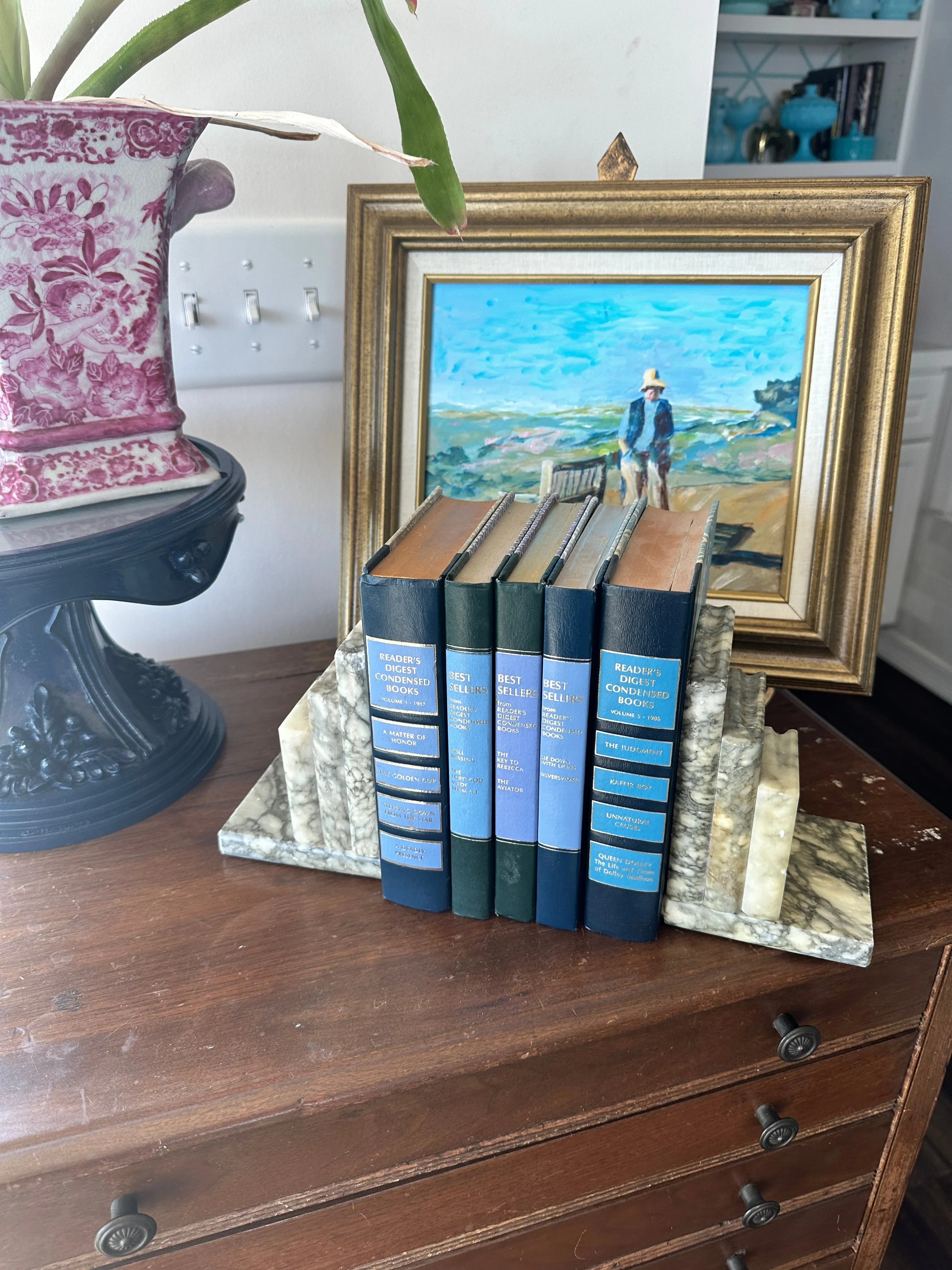 Vintage Marble Bookends, Books Stacked