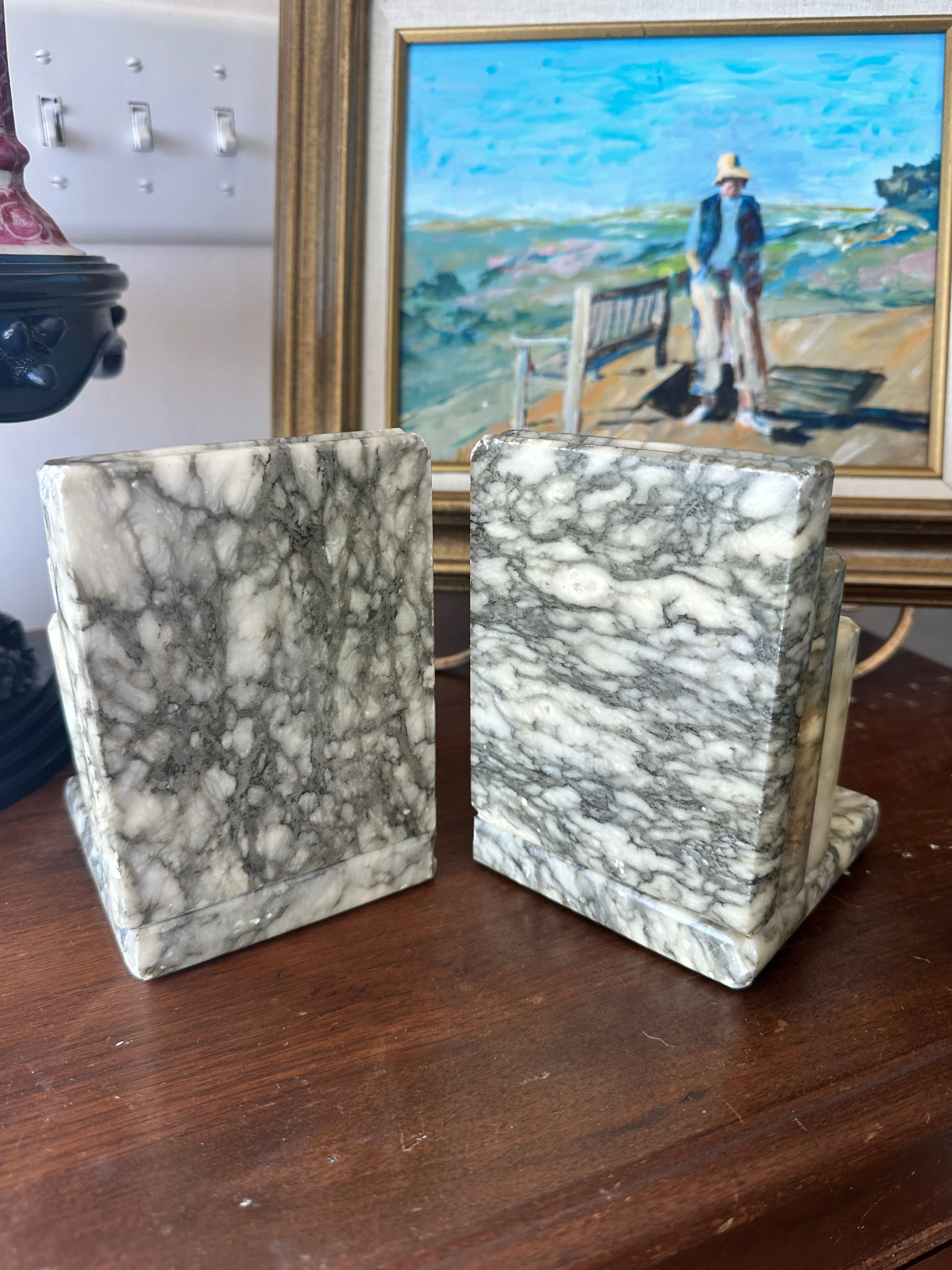 Vintage Marble Bookends, Books Stacked