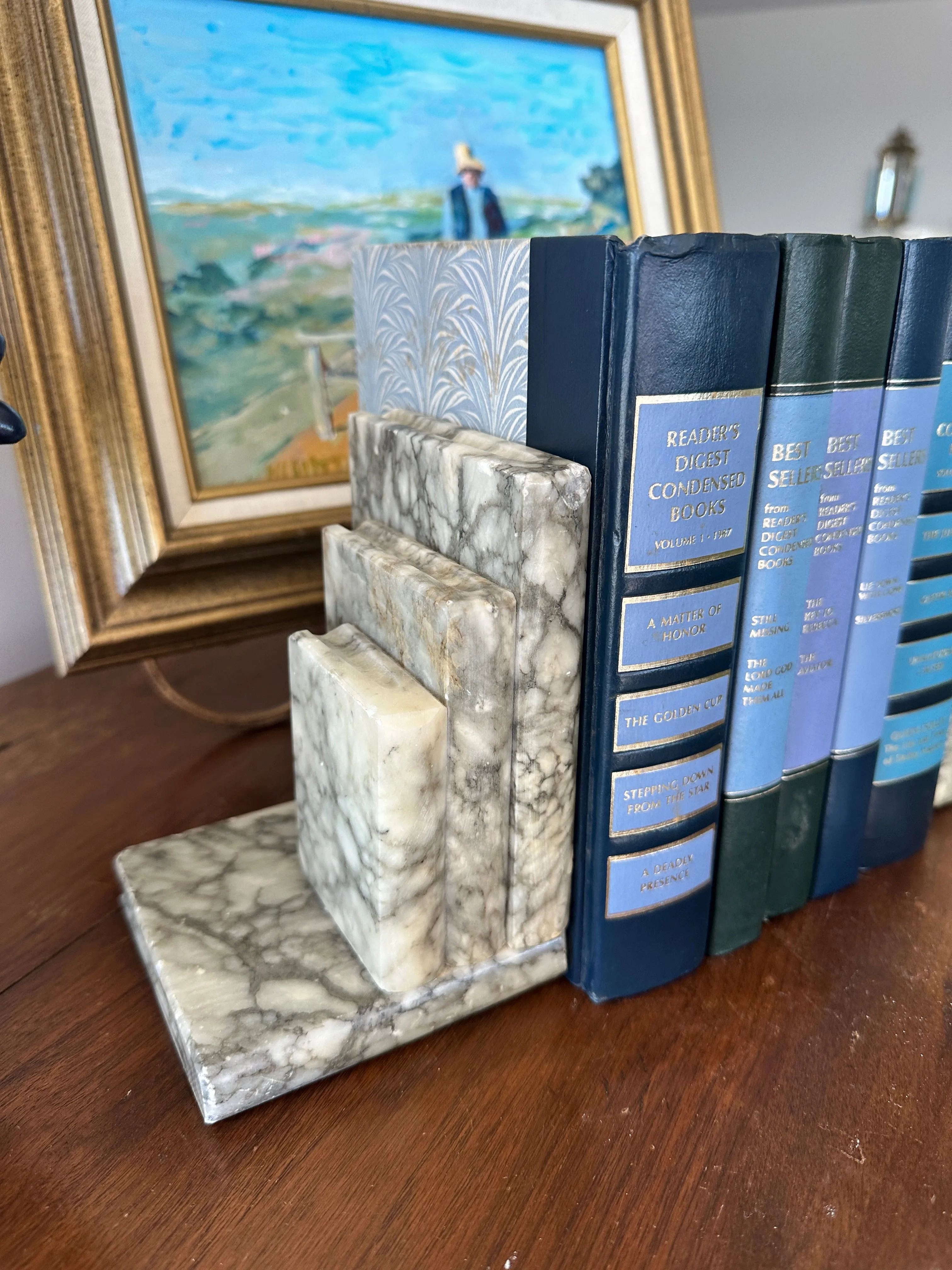 Vintage Marble Bookends, Books Stacked