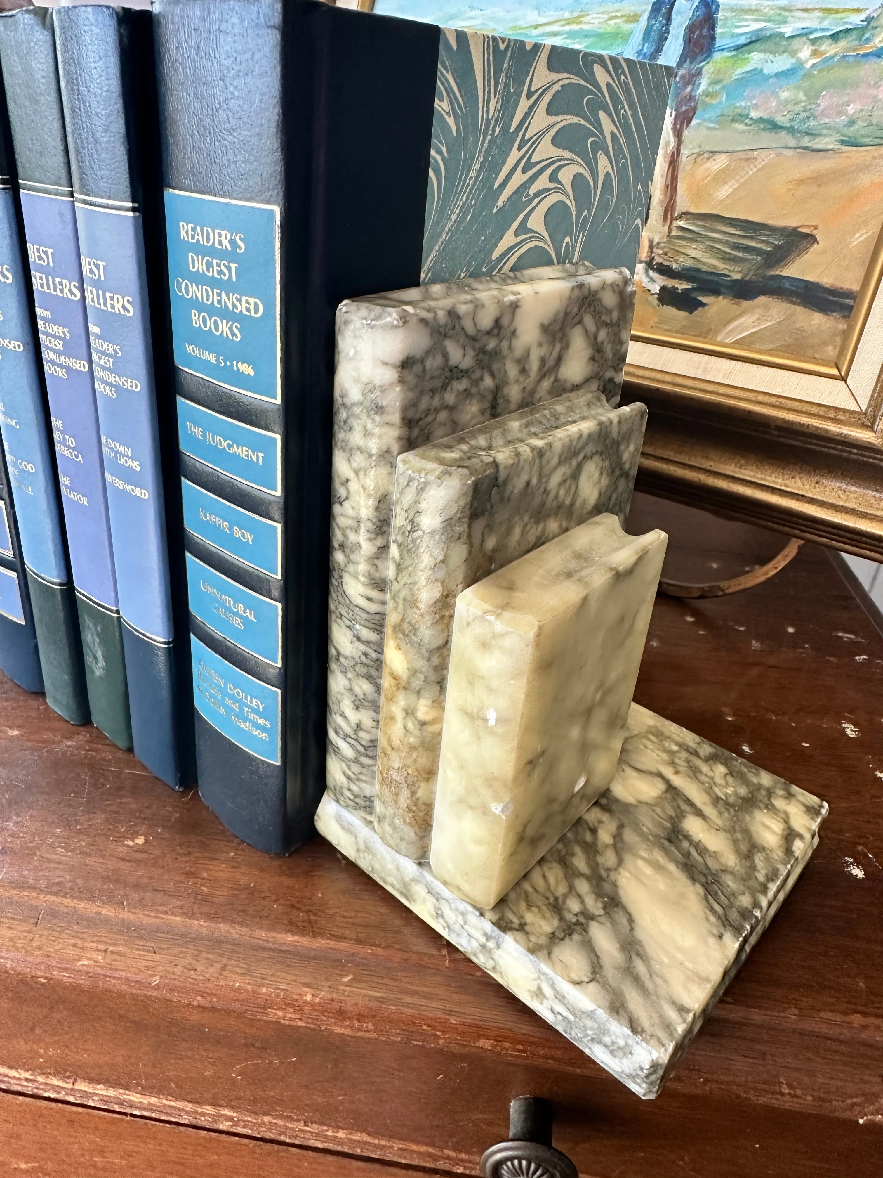 Vintage Marble Bookends, Books Stacked